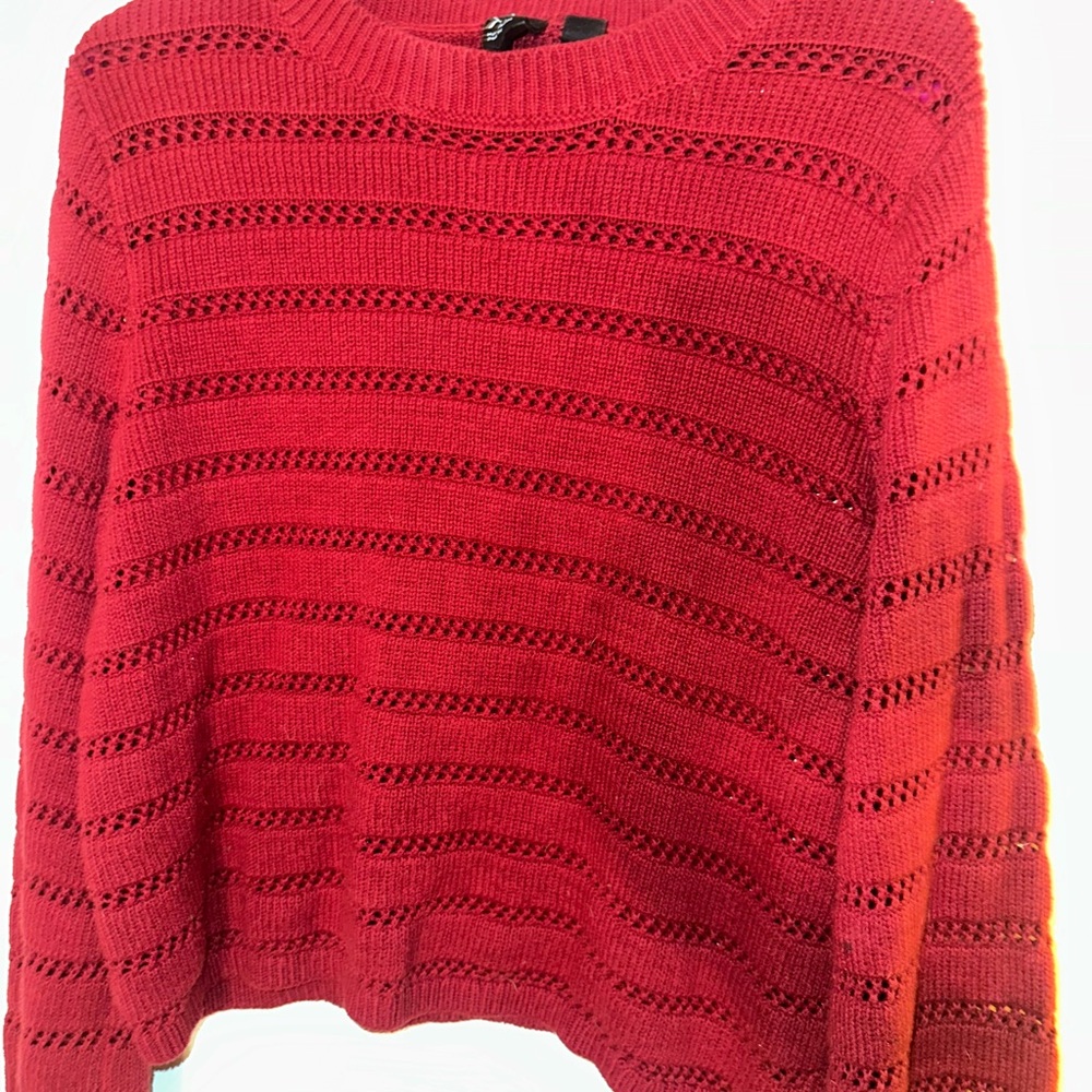 Roxy Red Crew Neck Sweater with Open-Knit Stripes